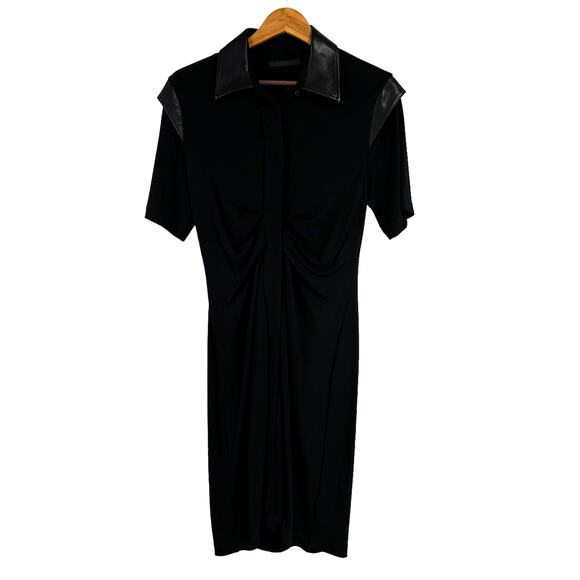 Helmut Lang NWT Pleated Leather Trimmed Cady Mini Dress Black Size M Collar - Picture 3 of 12